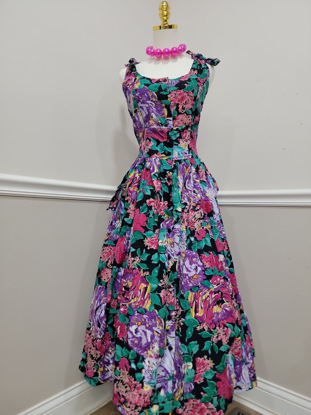 VTG 80s Floral Dress Tie Shoulder Midi Full Skirt Button Front Tea Garden