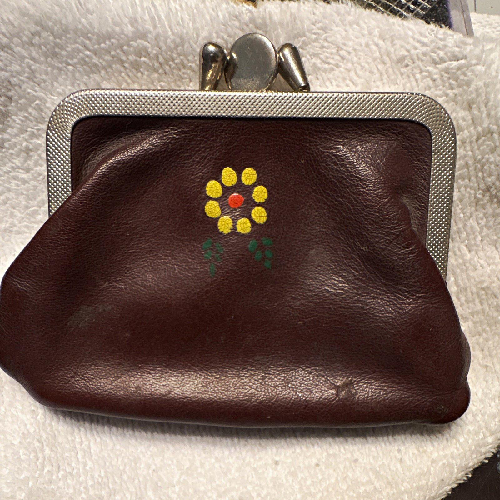 Vintage Brown Leather Kiss Lock Coin Purse Clutch with Metal Frame Floral Print