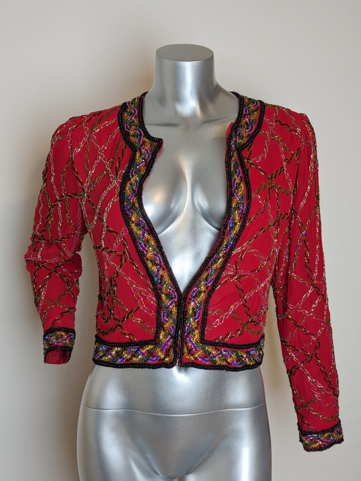 VTG Lawrence Kazar Red Art 2 Wear Beaded Rope Jacket PS Petite Small