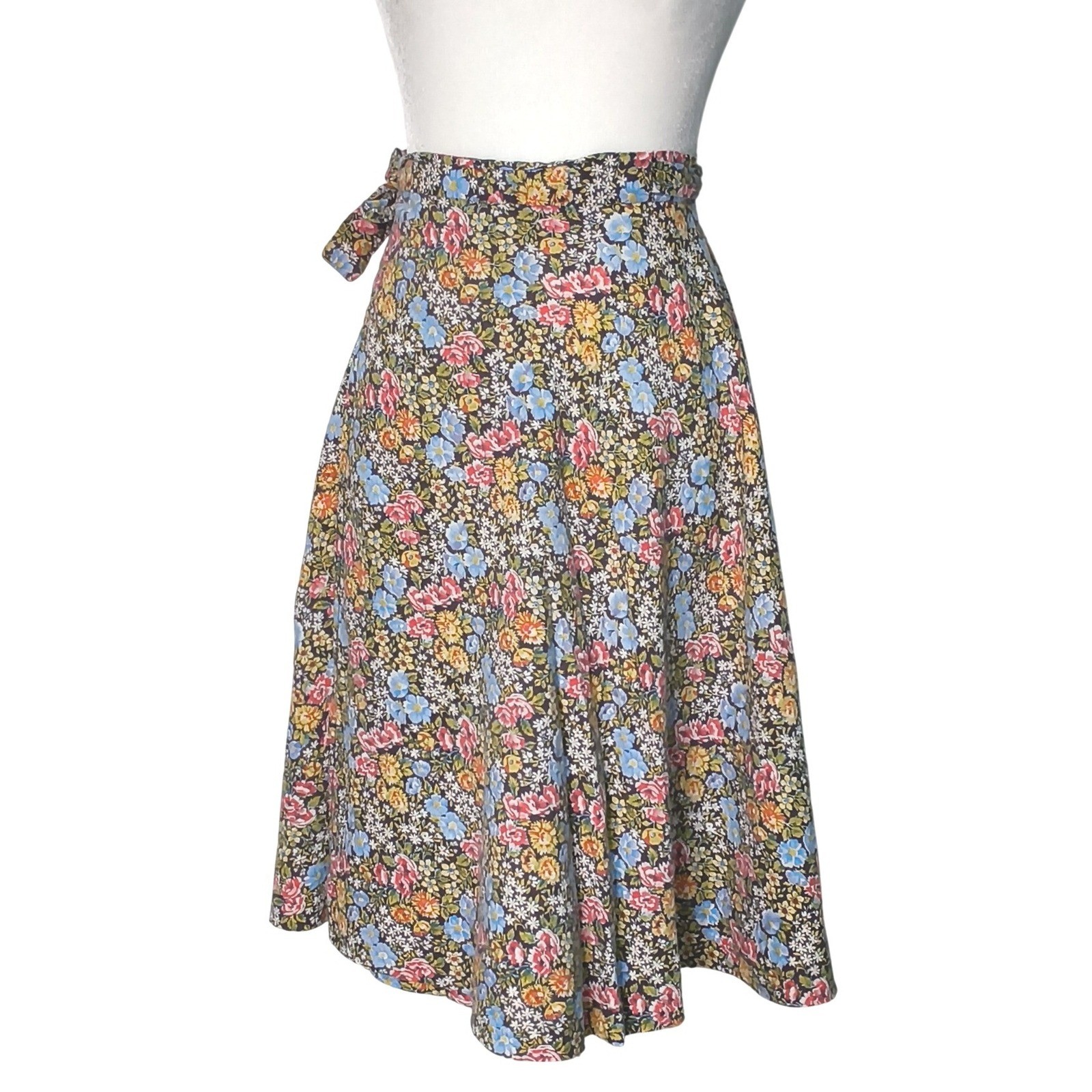 Handmade Wrap Skirt Women Small Multicolor Vintage Floral A-Line Tie