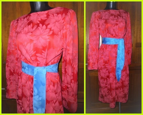 VTG 70s 80s RED Blue Belt Jersey Floral Secretary Cocktail Party midi DRESS L XL