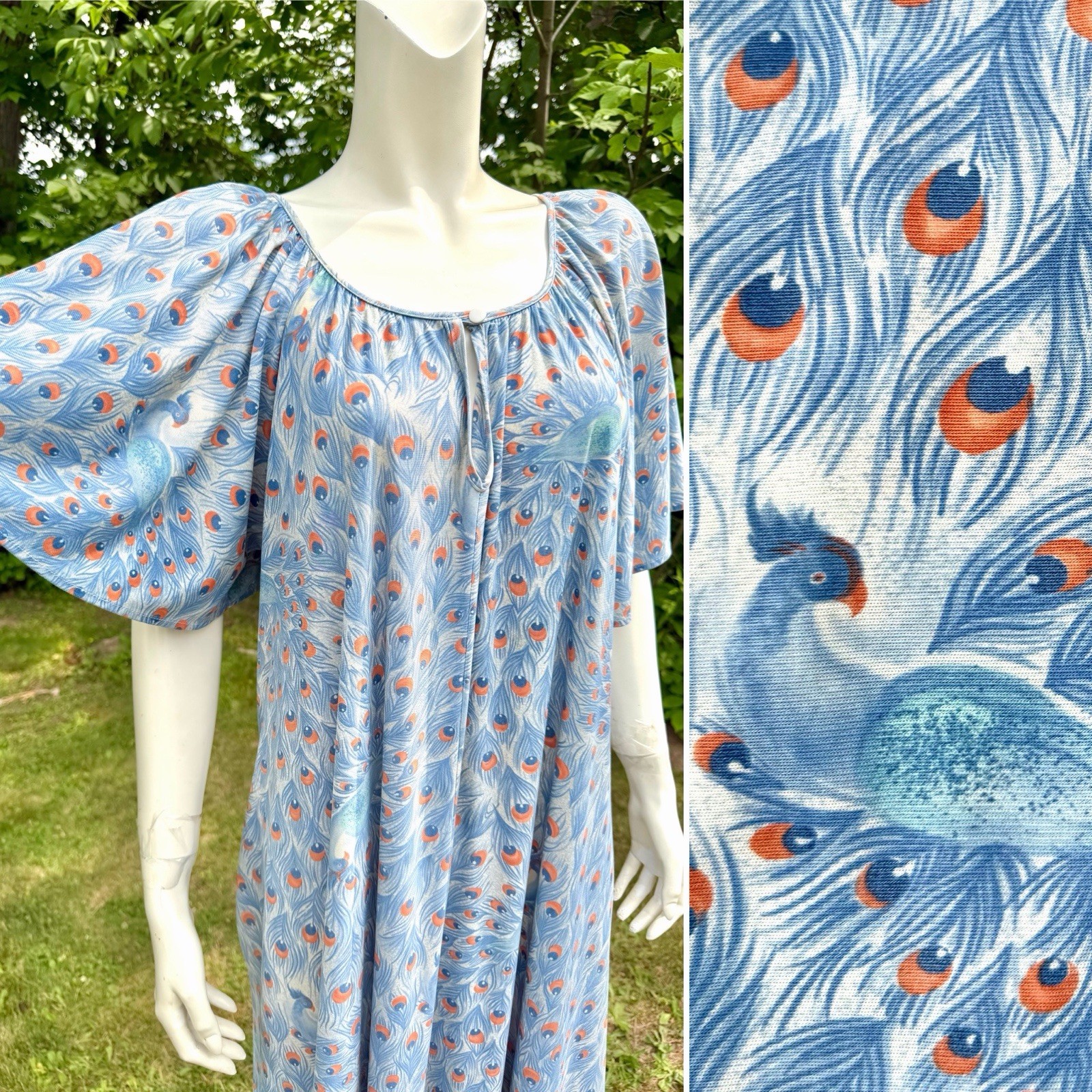 Vintage PEACOCK CAFTAN Flared Sleeve 1960s 1970s Dress Novelty Print Feathers OS