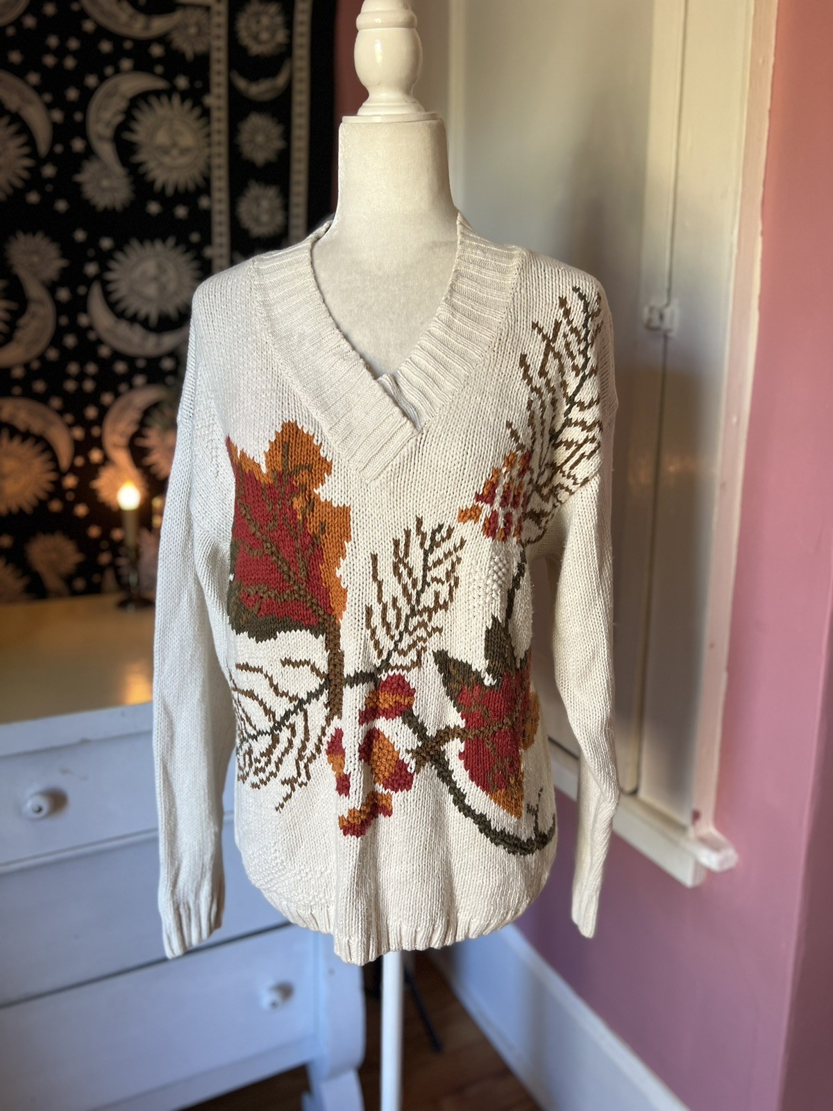 Vintage Fall Autumn Leaves Knit Sweater Medium Ivory V Neck
