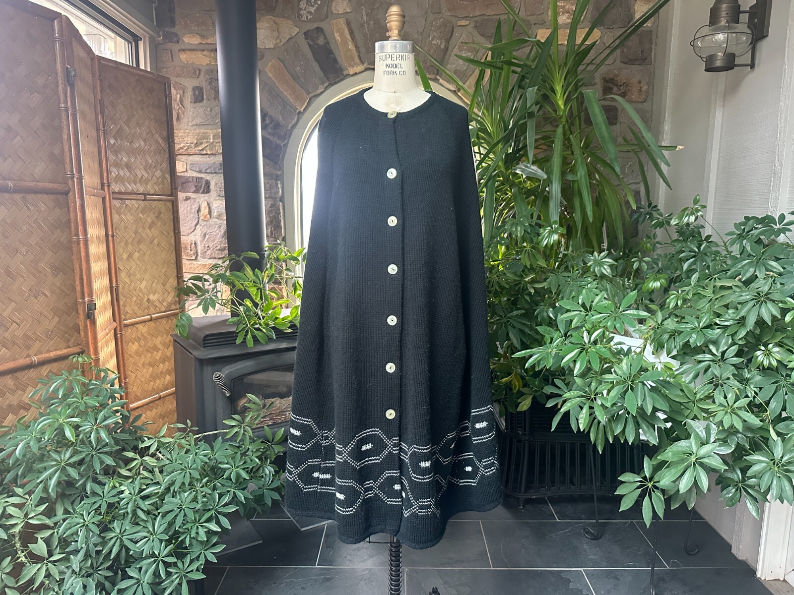 Vintage 1970s Black and White Acrylic Button Front Knee Length Cape Sturbridge