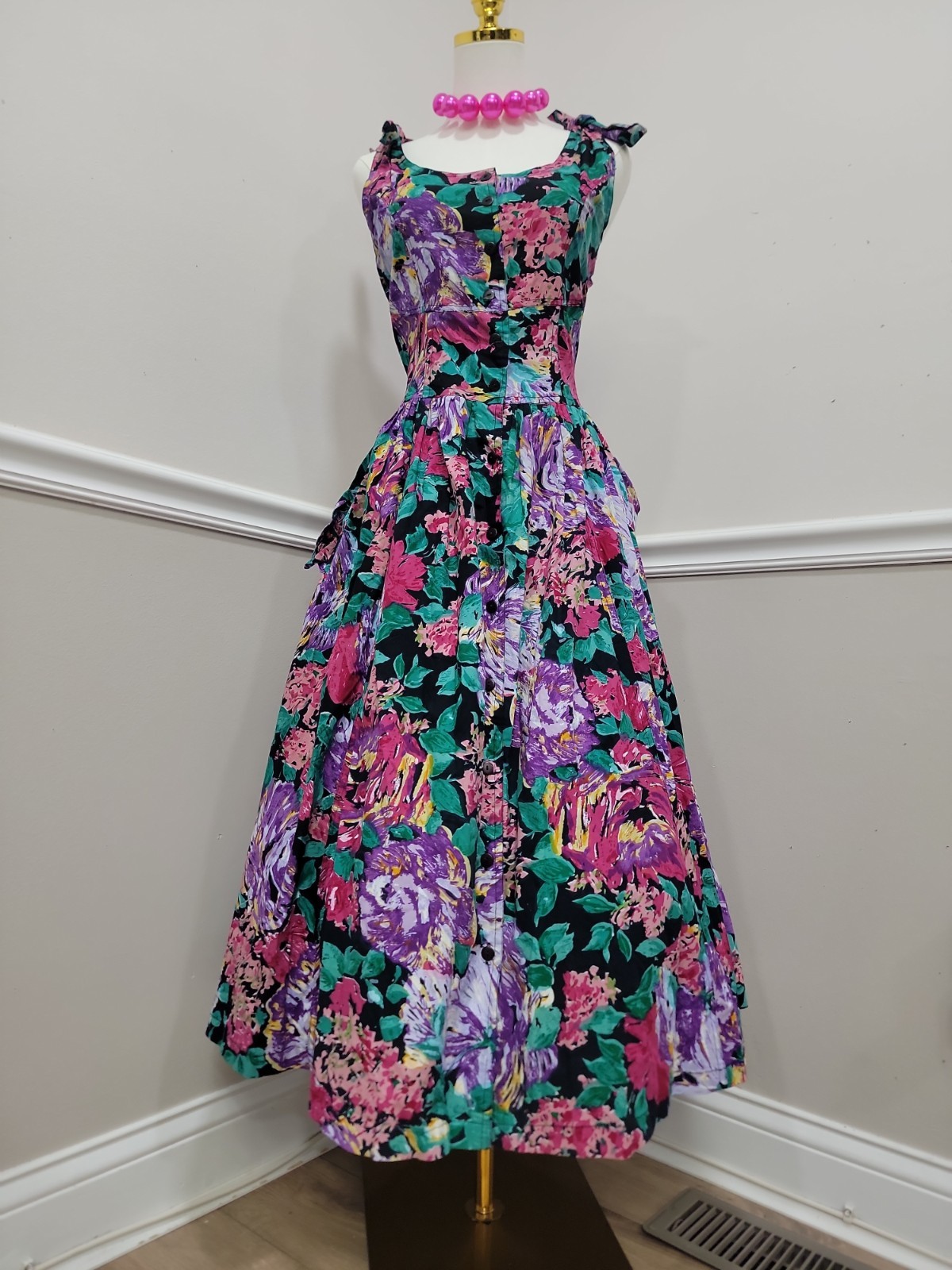 VTG 80s Floral Dress Tie Shoulder Midi Full Skirt Button Front Tea Garden