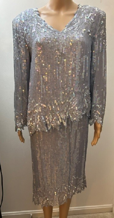 SCALA VTG 80s EUC Women’s L Silk Sequin Beaded 2-Pc Lt Blue Evening Skirt Set