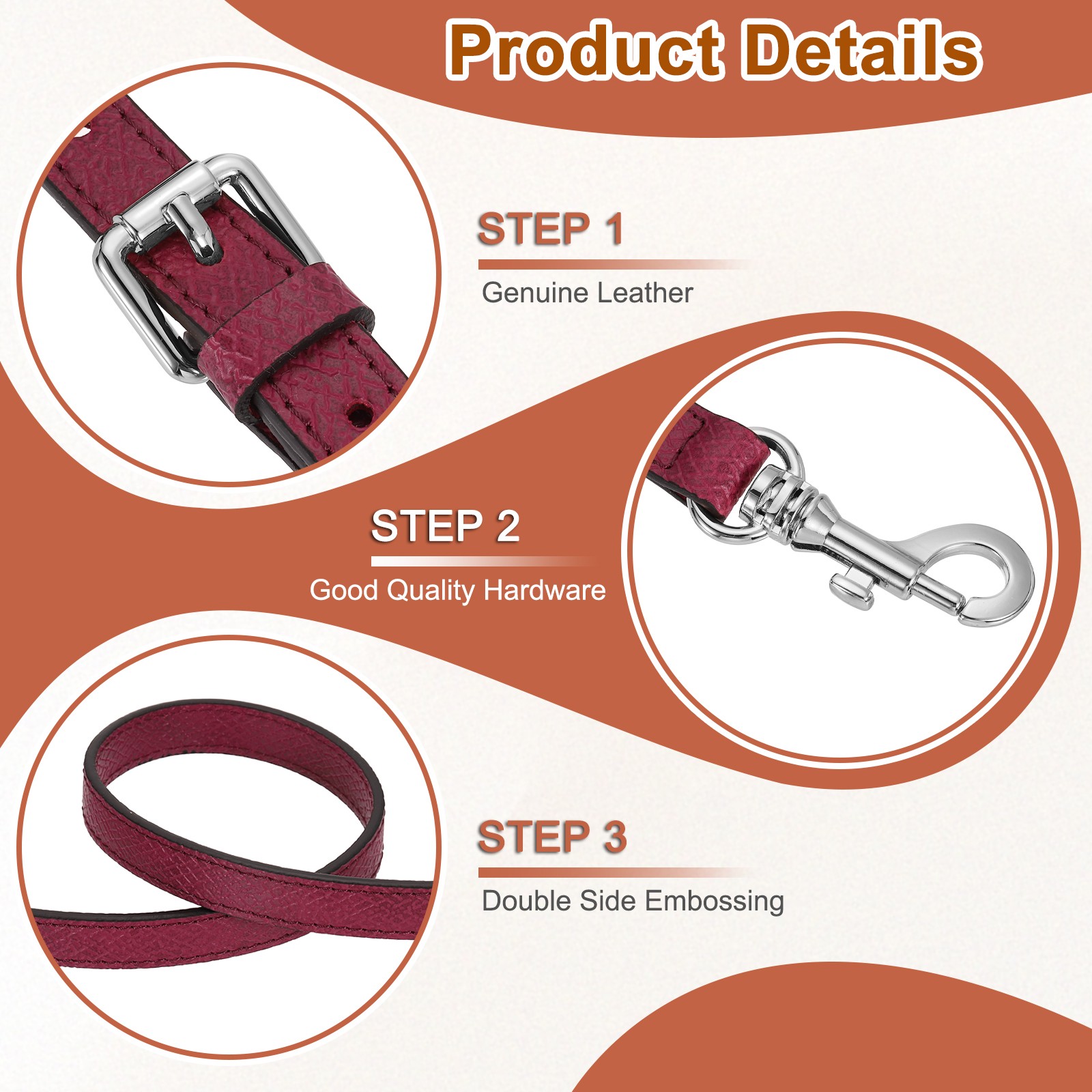 Leather bag strap, 95-115 cm shoulder strap (bordeaux, silver buckle)
