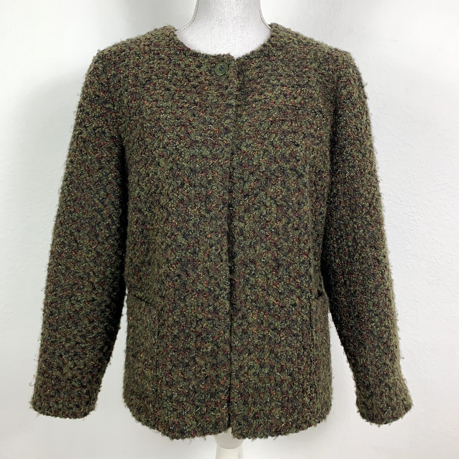 Vintage Cardigan Jacket Requirements 10 Boucle Button Top 3/4 Sleeve Green Brown