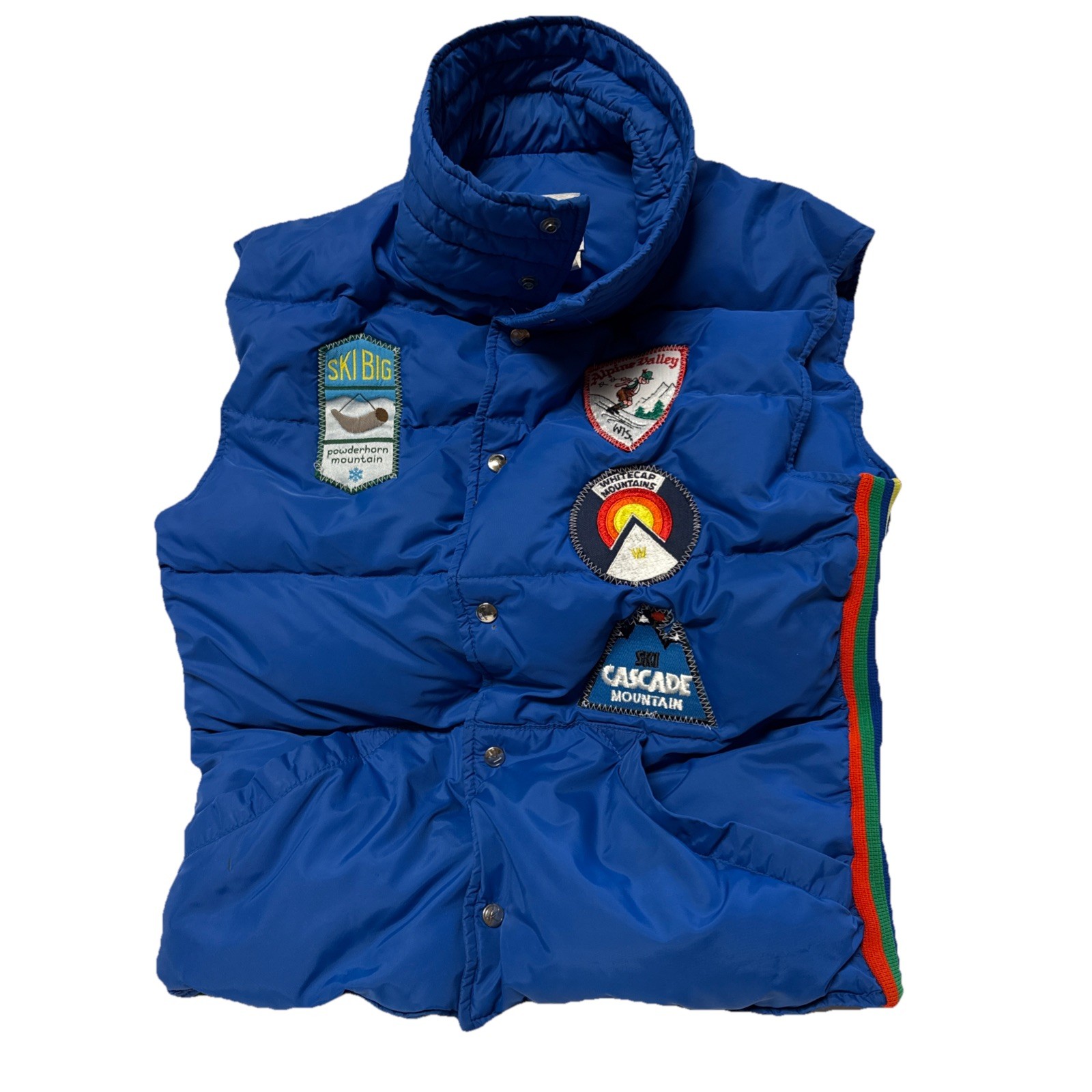 Vintage 80s Roffe Ski Blue Down Puffer Vest Men’s S w/ patches *See Description