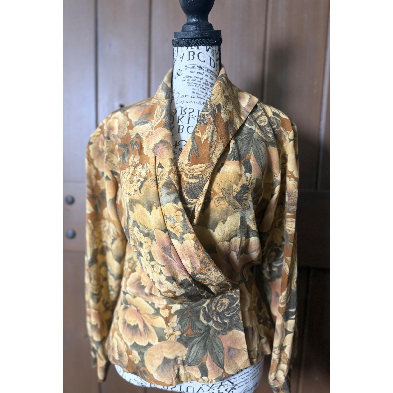 Evan-Picone Petites Vintage 100% Silk Floral Wrap Blouse Mustard Olive Brown 6P