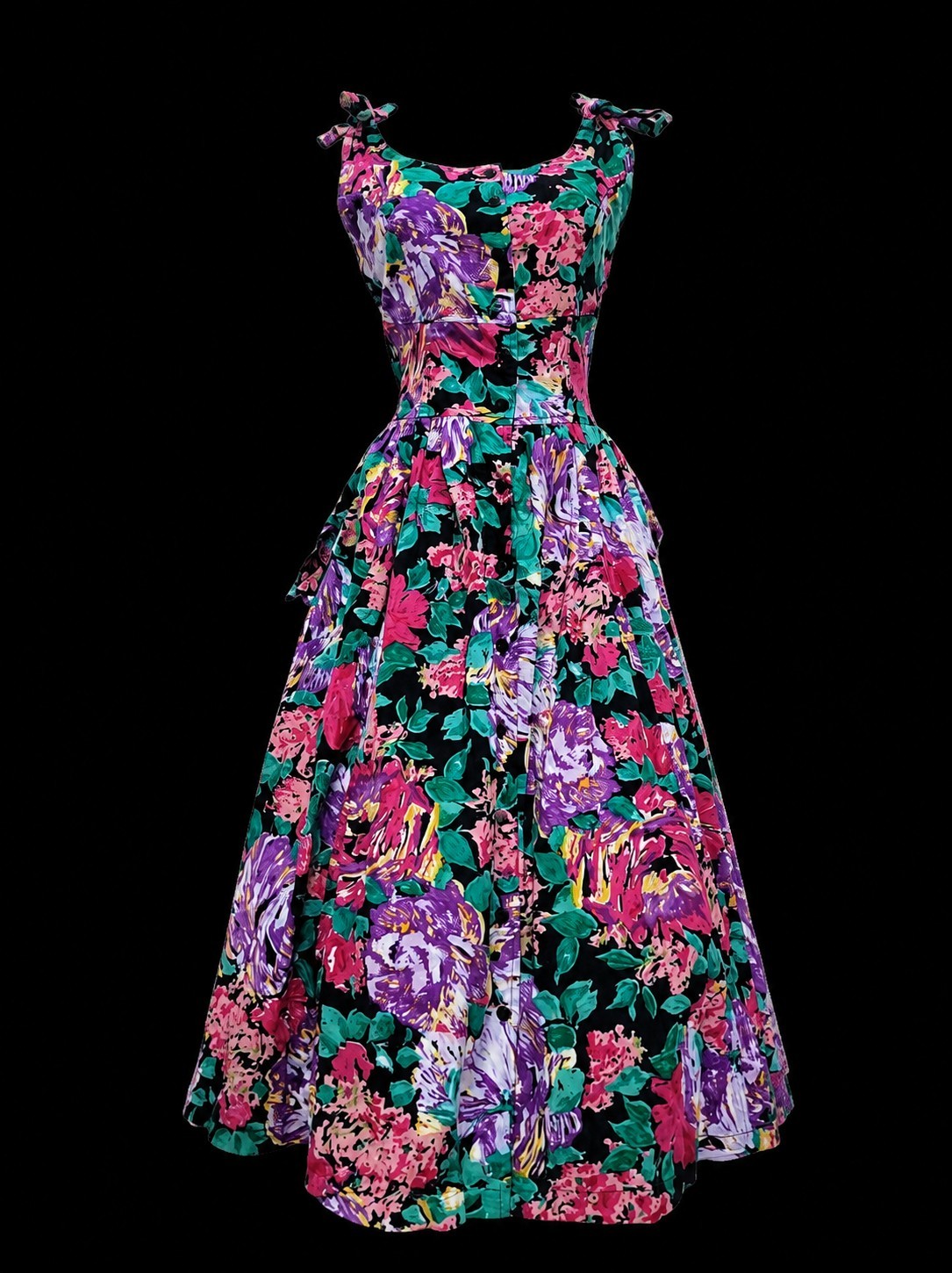 VTG 80s Floral Dress Tie Shoulder Midi Full Skirt Button Front Tea Garden