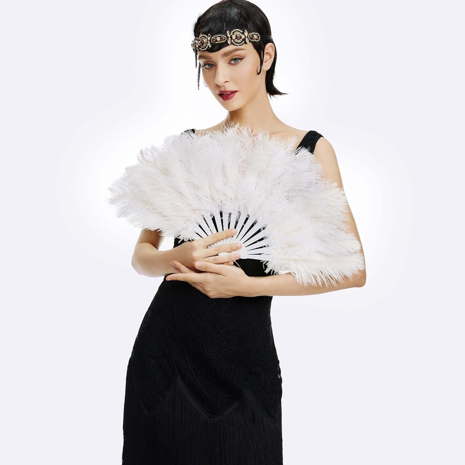 Vintage White Ostrich Feather Fan for 1920s Flapper Costume