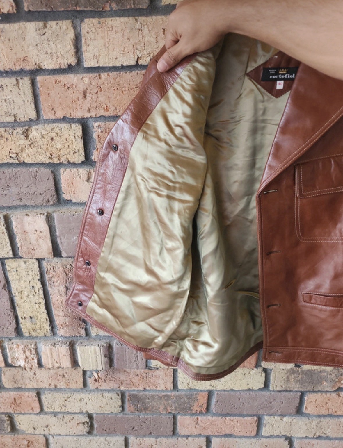 Cortefiel Men’s Brown Leather Basic Jacket Size 40 Brown Leather Made in Spain
