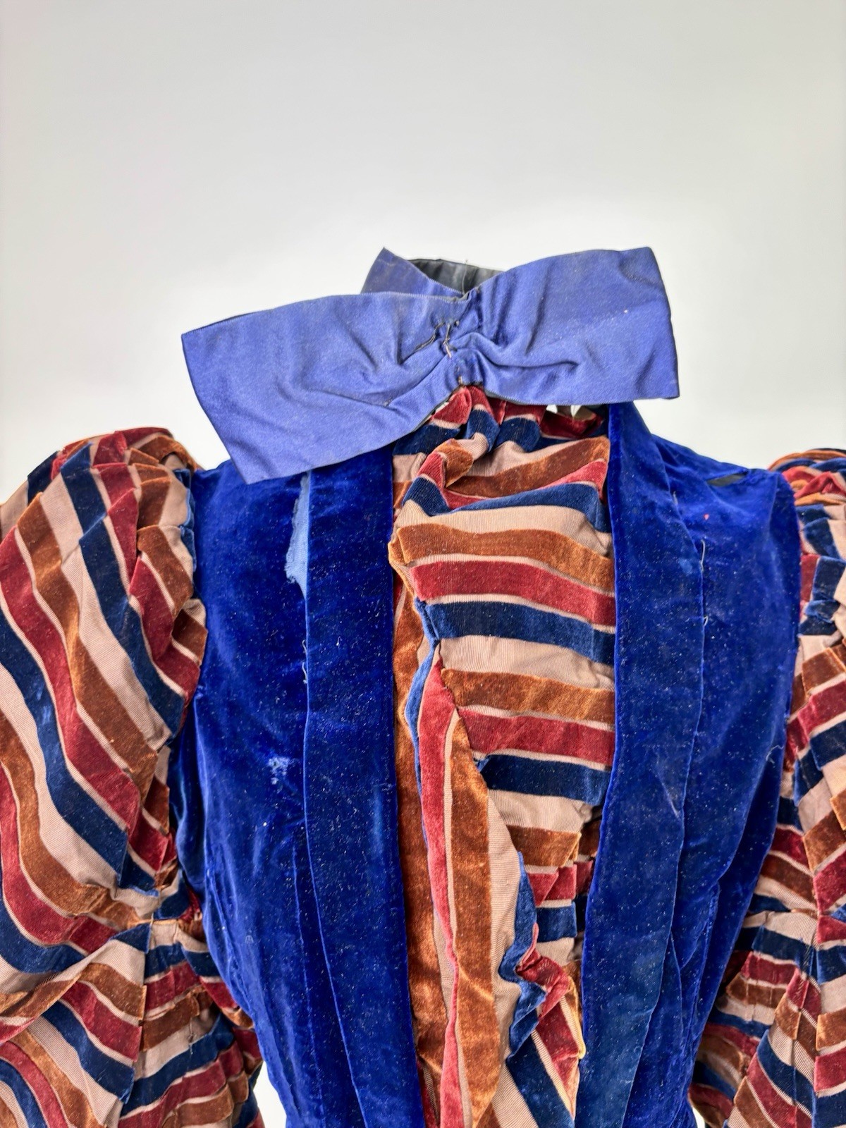 Antique Victorian Royal Blue Velvet Brown Stripes Jacket Leg of Mutton Sleeve