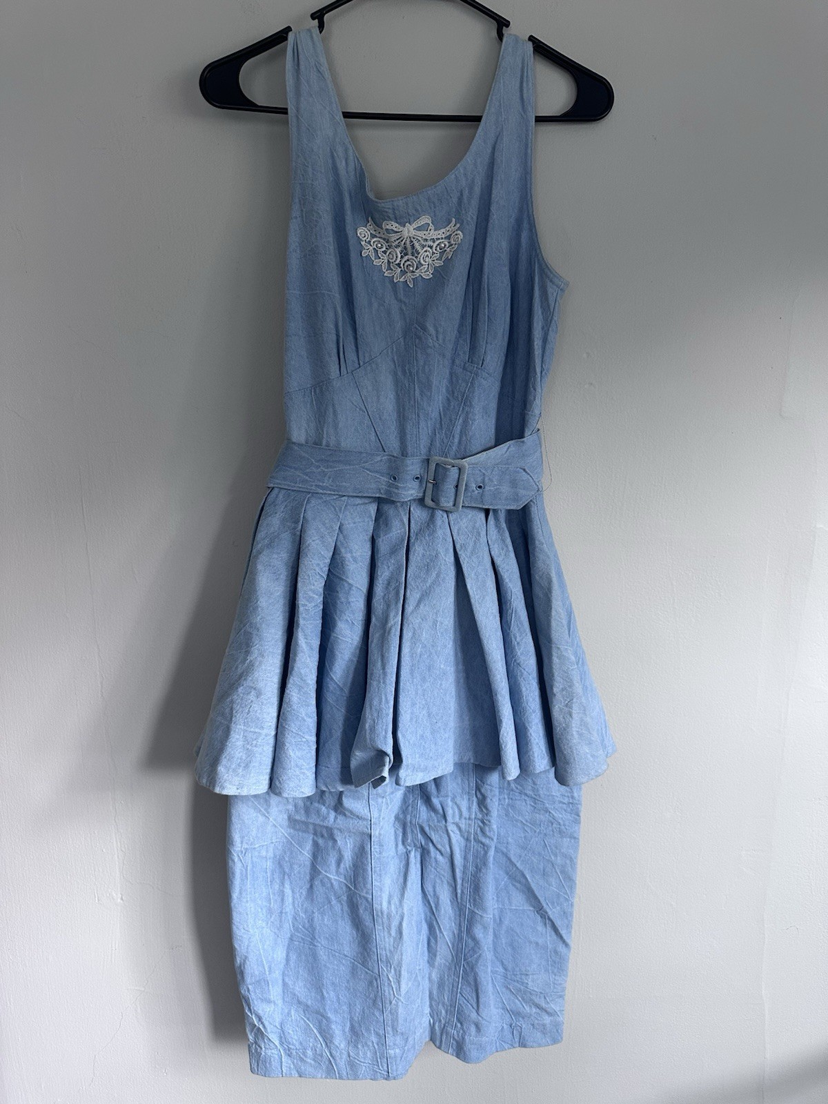 VTG 80s Embroidered Peplum Denim Dress SMALL Western Blue Ruffle Rodeo (Tag 10)