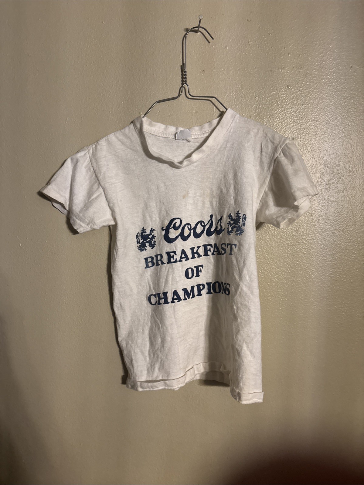 70s VINTAGE COORS BEER BREAKFAST OF CHAMPIONS T-SHIRT Very Small Kids Small?