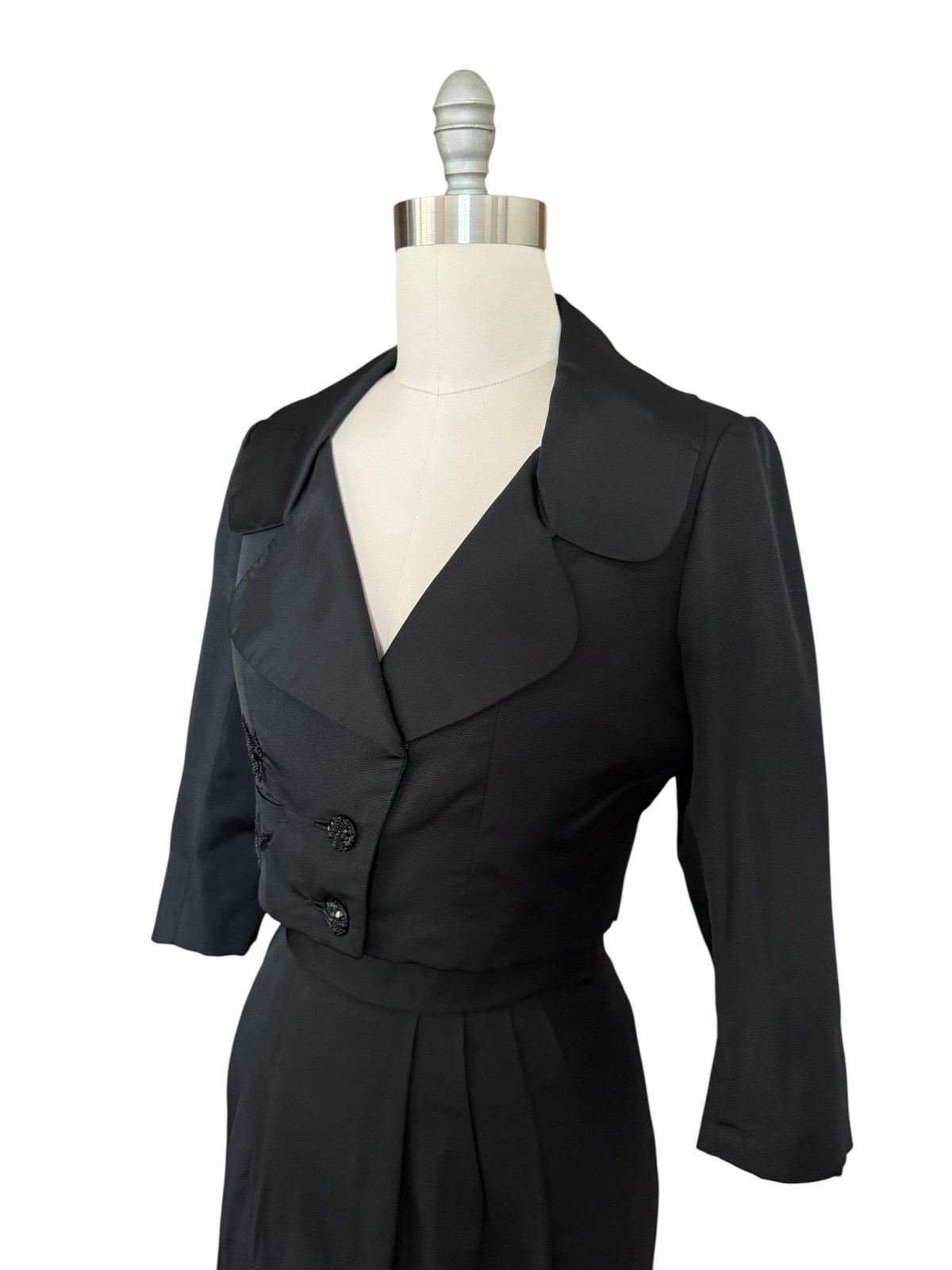 Vintage 1950s Black Tailored Skirt Suit With Cropped Jacket By Helen Rose