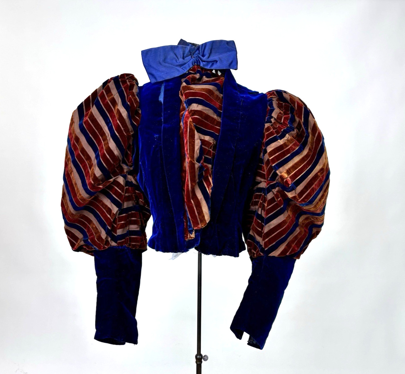 Antique Victorian Royal Blue Velvet Brown Stripes Jacket Leg of Mutton Sleeve