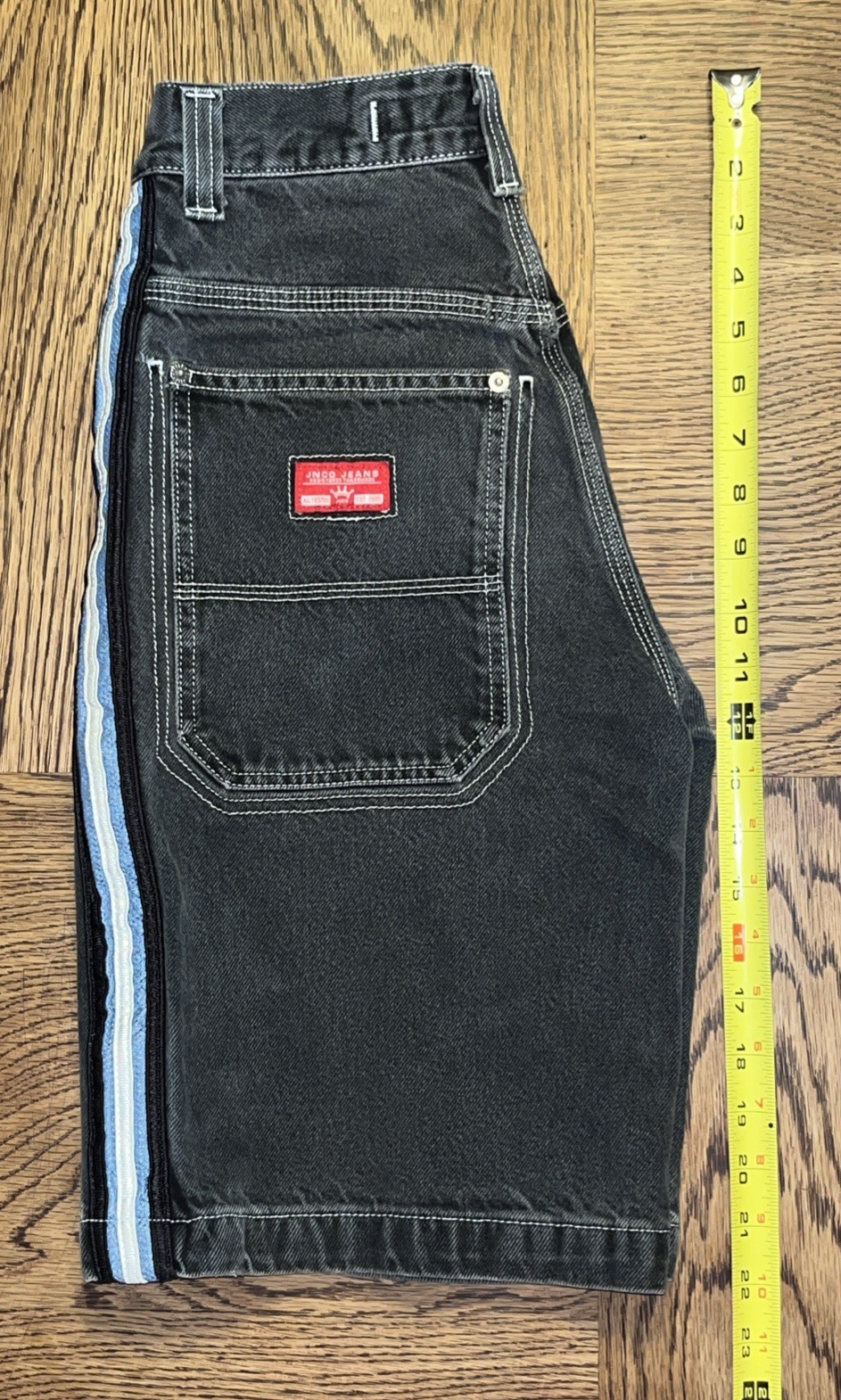 Vintage JNCO Jeans Shorts Boys Size 12 Black Denim Jorts Side Stripe B2790DS Y2K