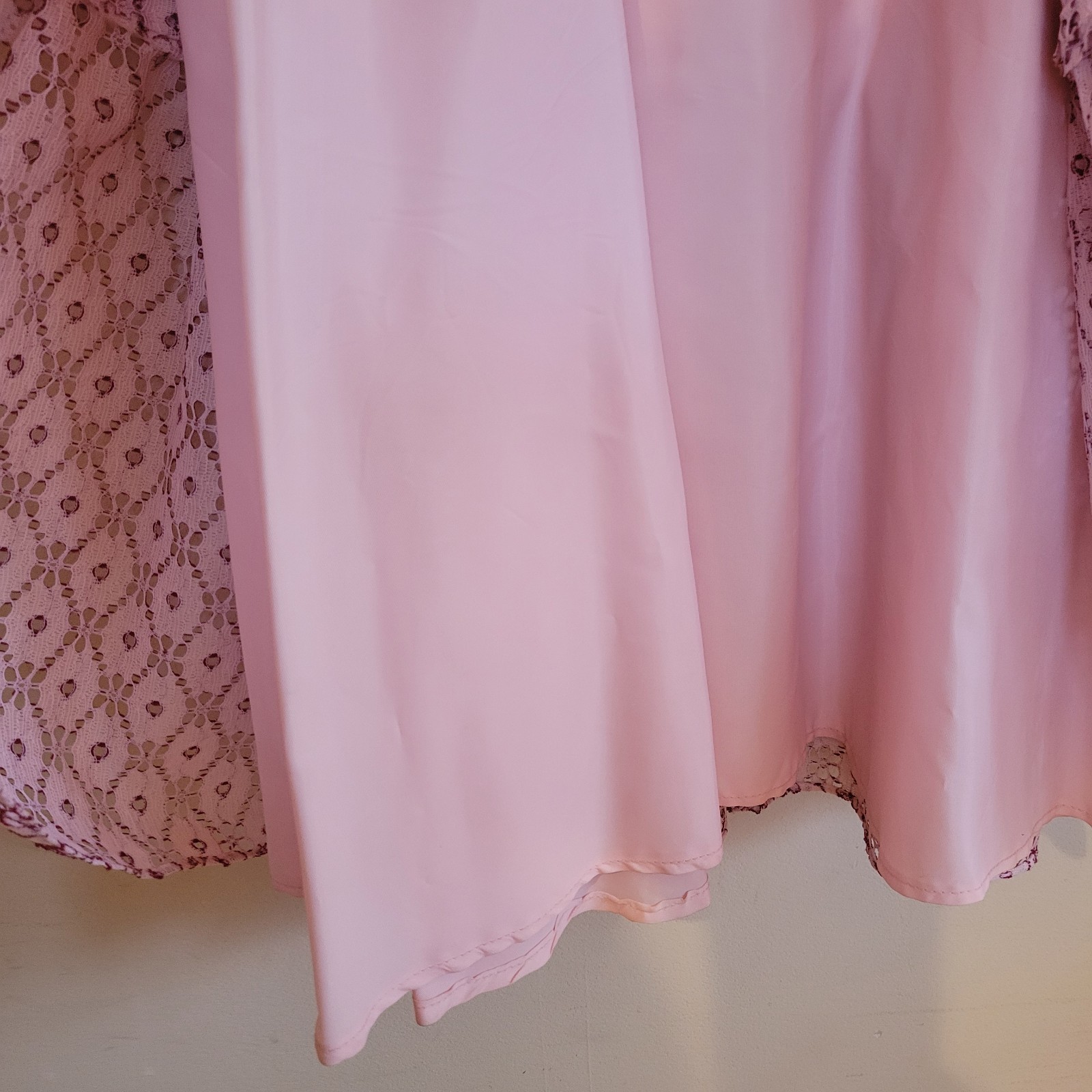 Vtg ILGWU Cottage Core Dress Pink Lace Maxi Ruffle/Layered Cap Sleeve Juniors 11