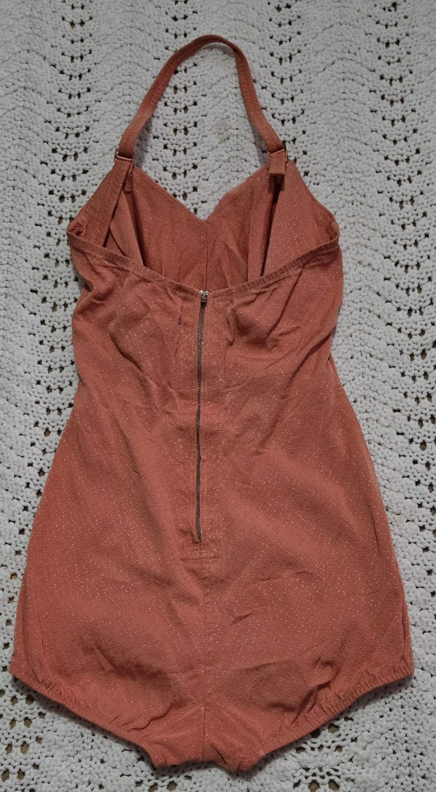 Vintage 1950s JANTZEN VAMP Women Pin Up Swim Suit Ruched Boning Sz 12 Coral Dots
