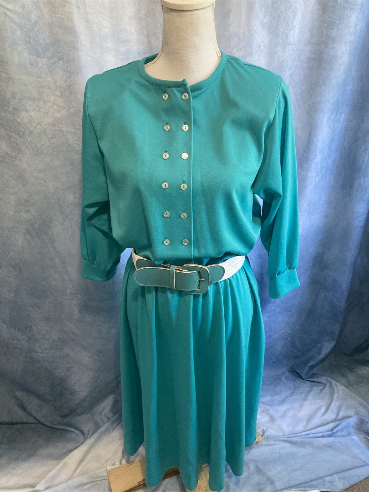 VTG 80s Teal Turquoise Blouson Midi Dress S Shoulder Pads Secretary USA Made