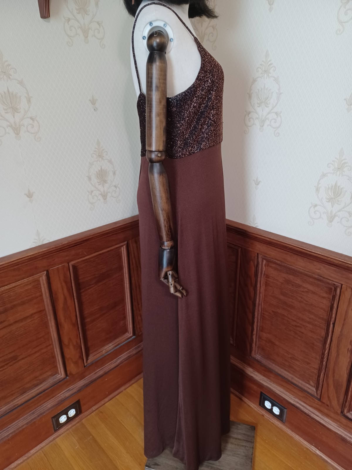 Vintage 1960s/1970s Brown Metallic Gold Bohemian Disco Maxi Evening Dress