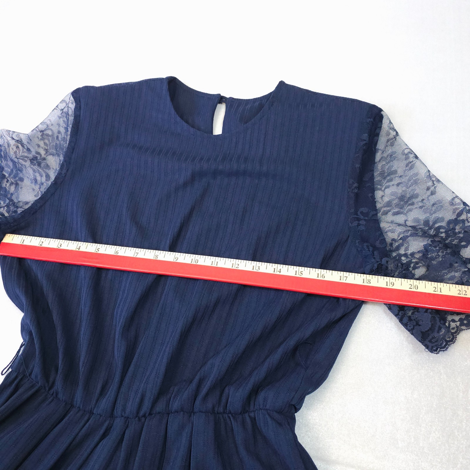Vtg 1970s 80s Navy Sheer Lace Sleeve Dress Midi Secretary Geek USA Stripe Calif