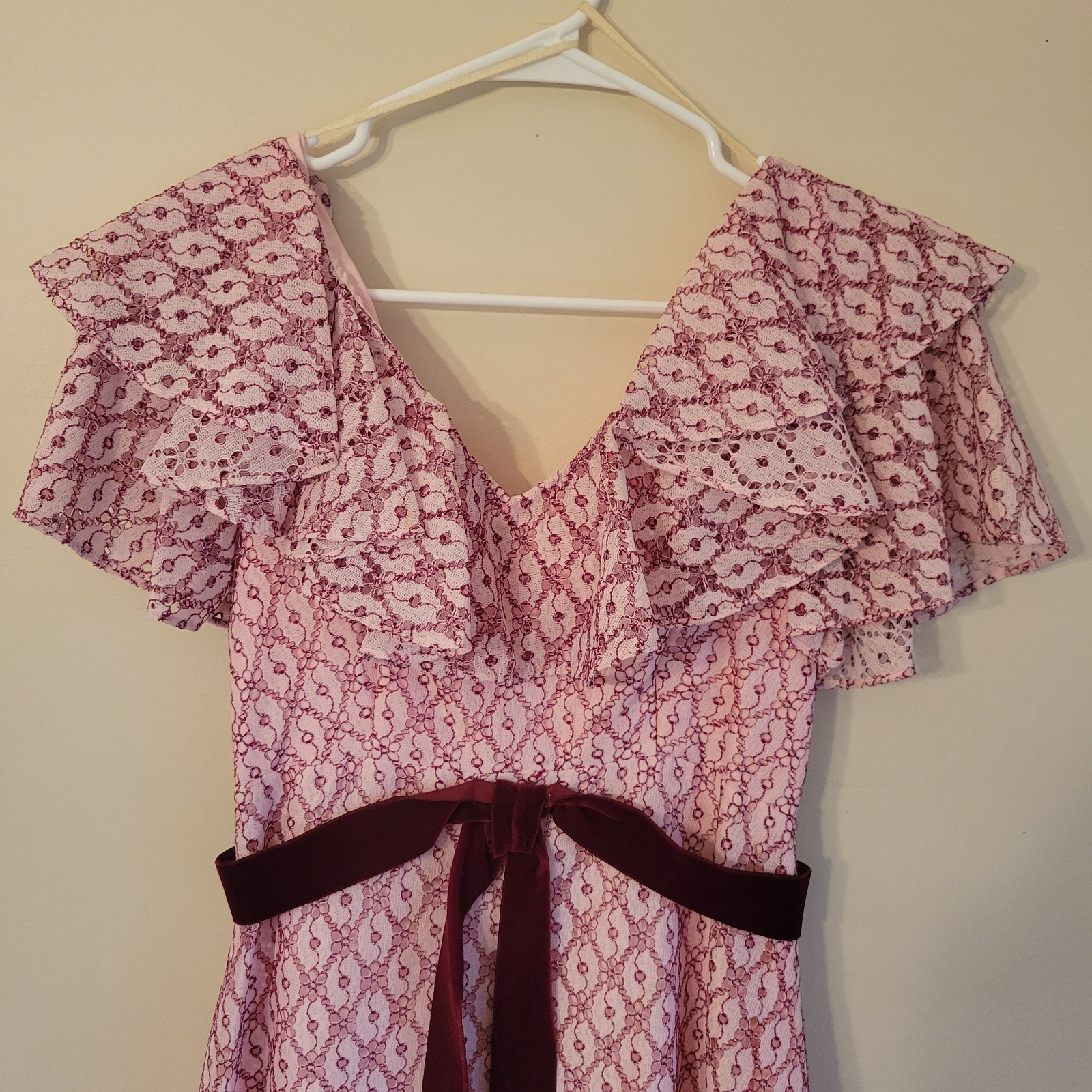 Vtg ILGWU Cottage Core Dress Pink Lace Maxi Ruffle/Layered Cap Sleeve Juniors 11