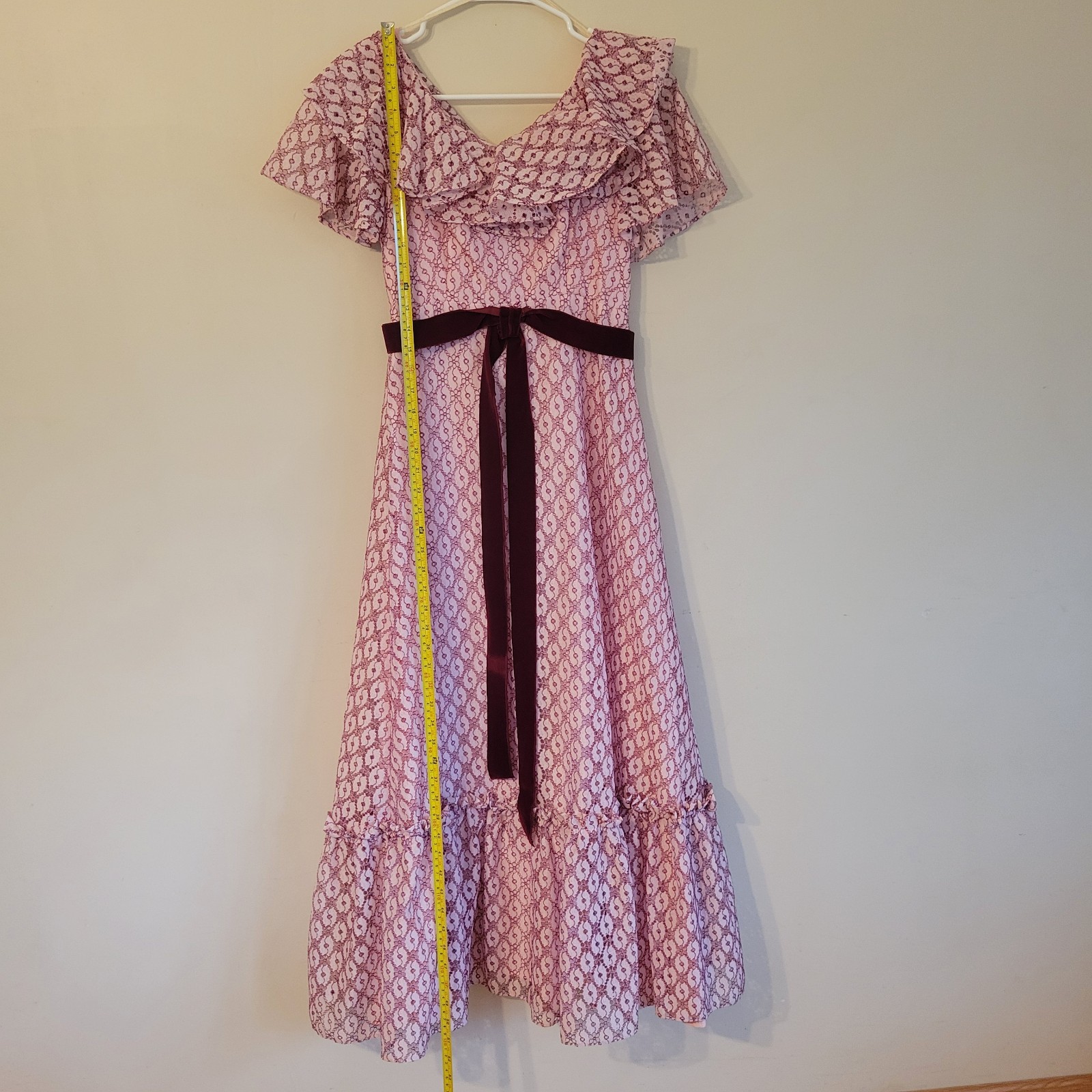 Vtg ILGWU Cottage Core Dress Pink Lace Maxi Ruffle/Layered Cap Sleeve Juniors 11