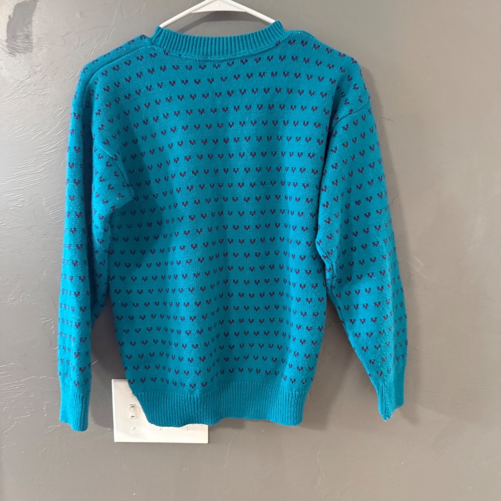Vintage 80s Nan Dorsey Teal Goose Embroidered Knit Sweater USA Cottagecore