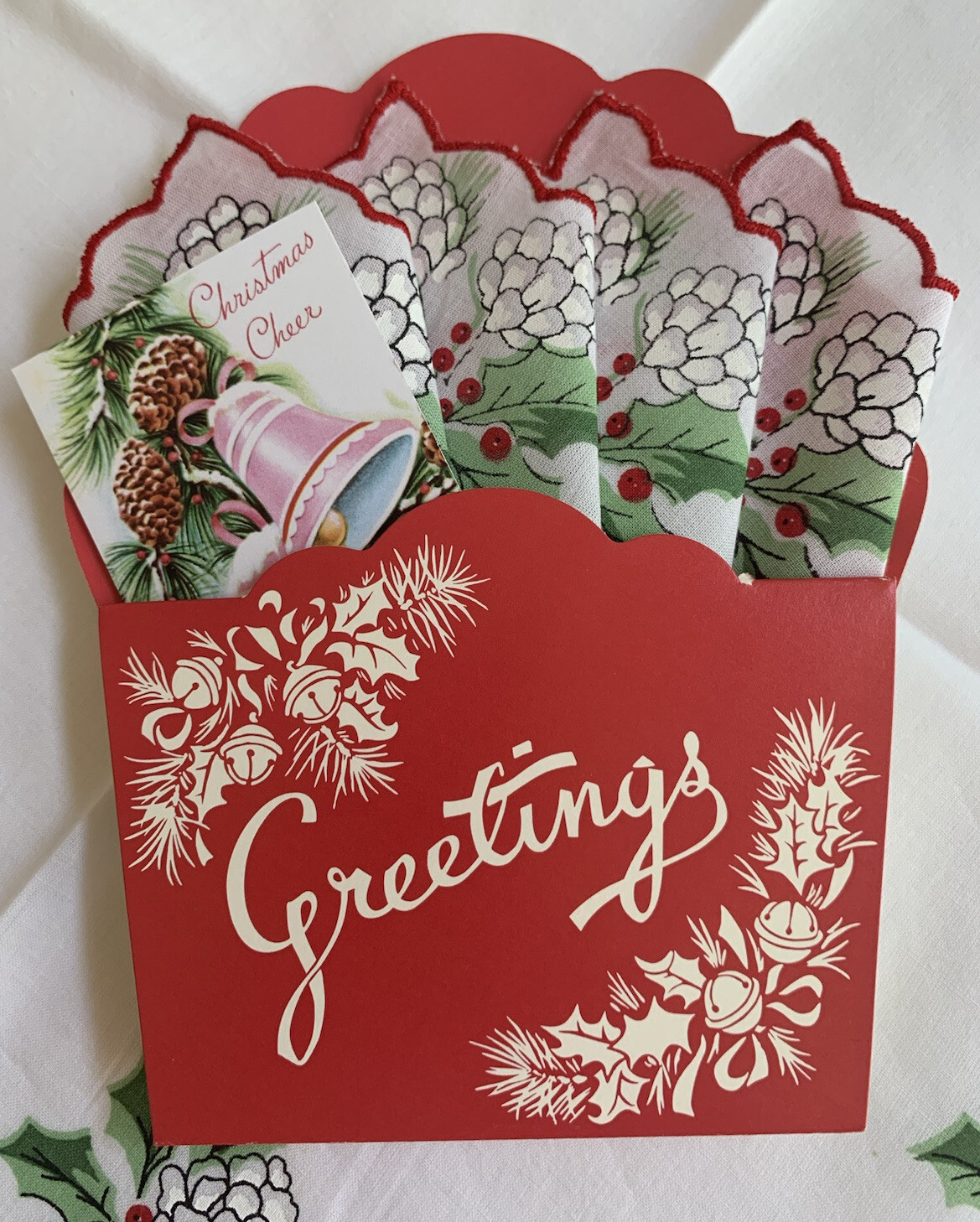 Lovely New LuRay Christmas Hankie Basket Card ~ Mailable Handkerchief Keepsake!