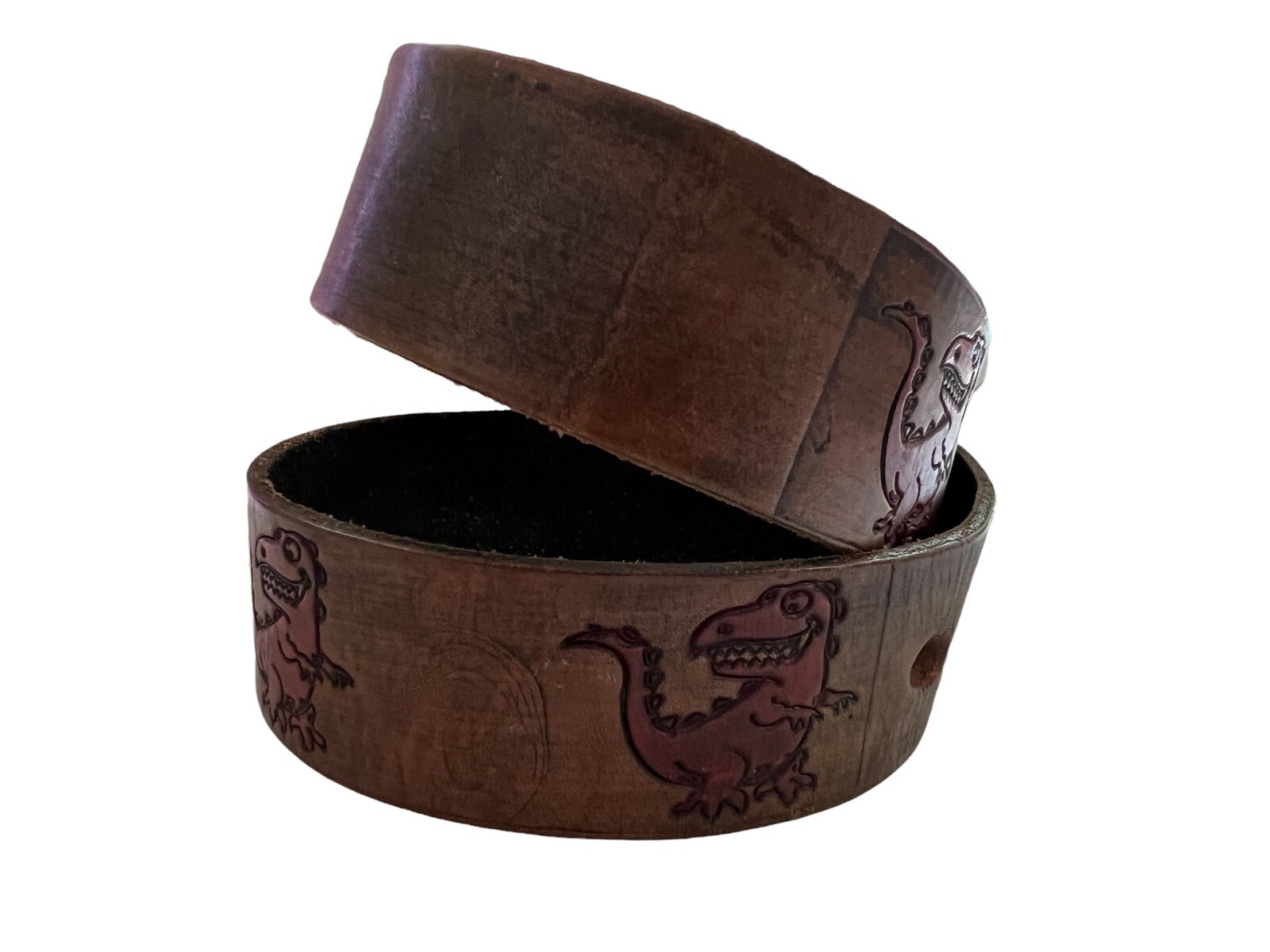 Fiorucci Vintage Kids Brown Leather Red T-Rex Engraved Logo Belt Size M 24-30