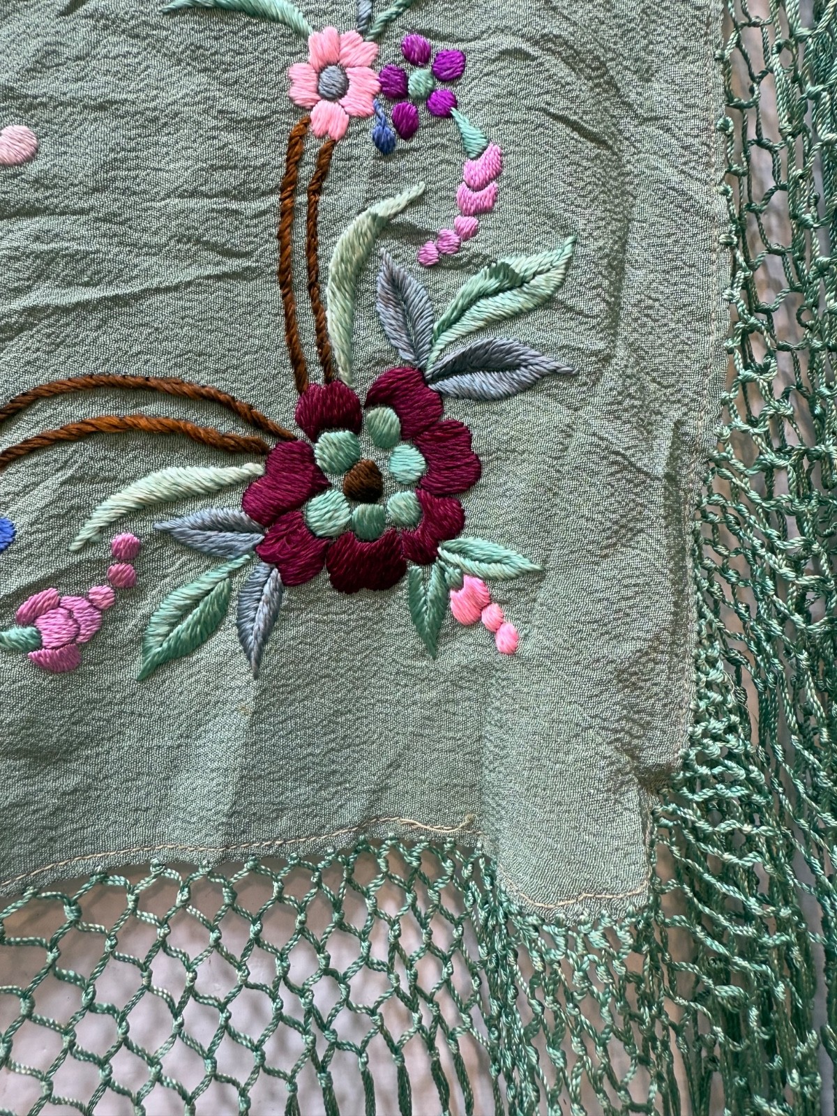 Vintage Manila Silk Embroidered Piano Scarf Shoulder Shawl 120×115 Cm