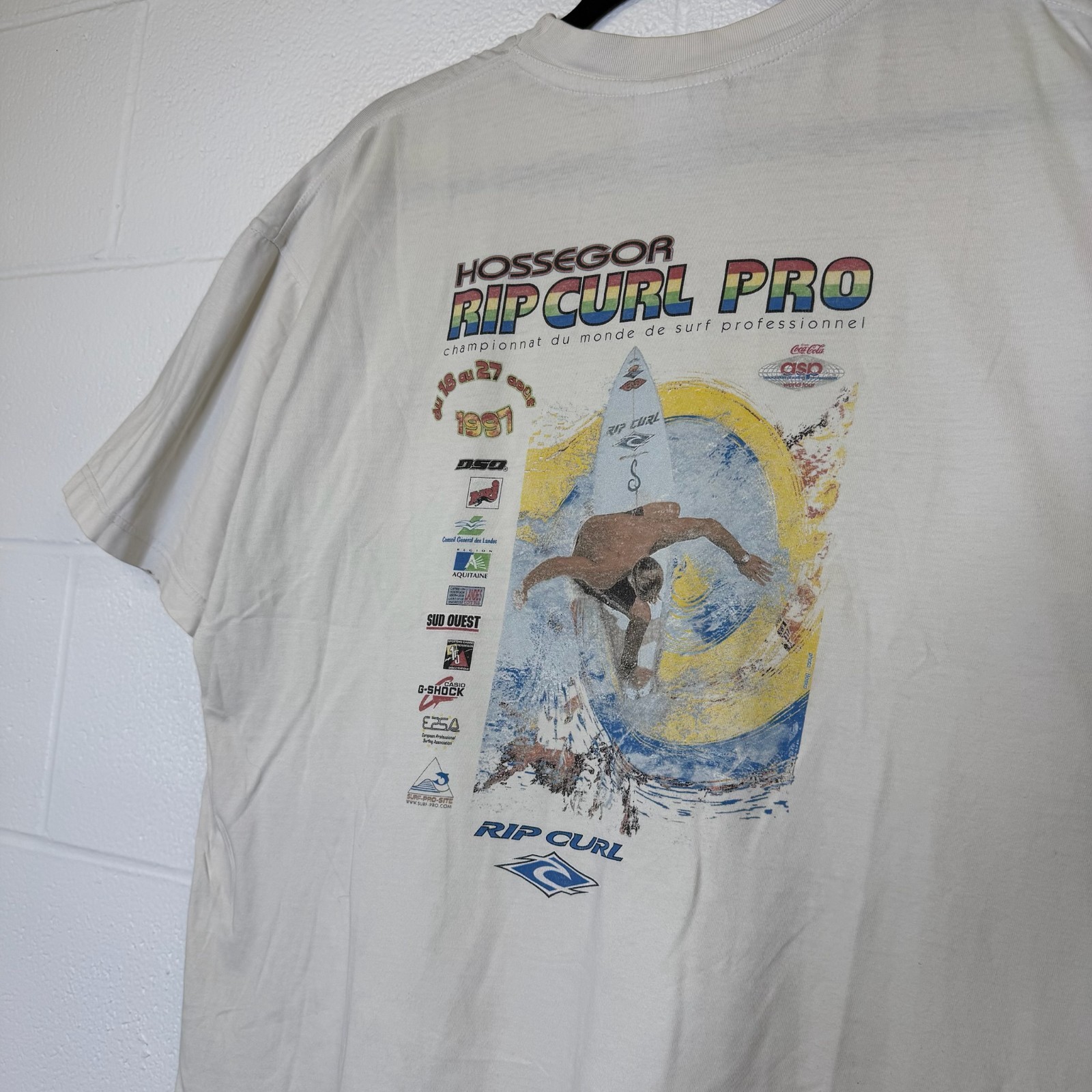 Vintage 90s Rip Curl Pro Surf Competition France Tee Shirt Sz M White Waves