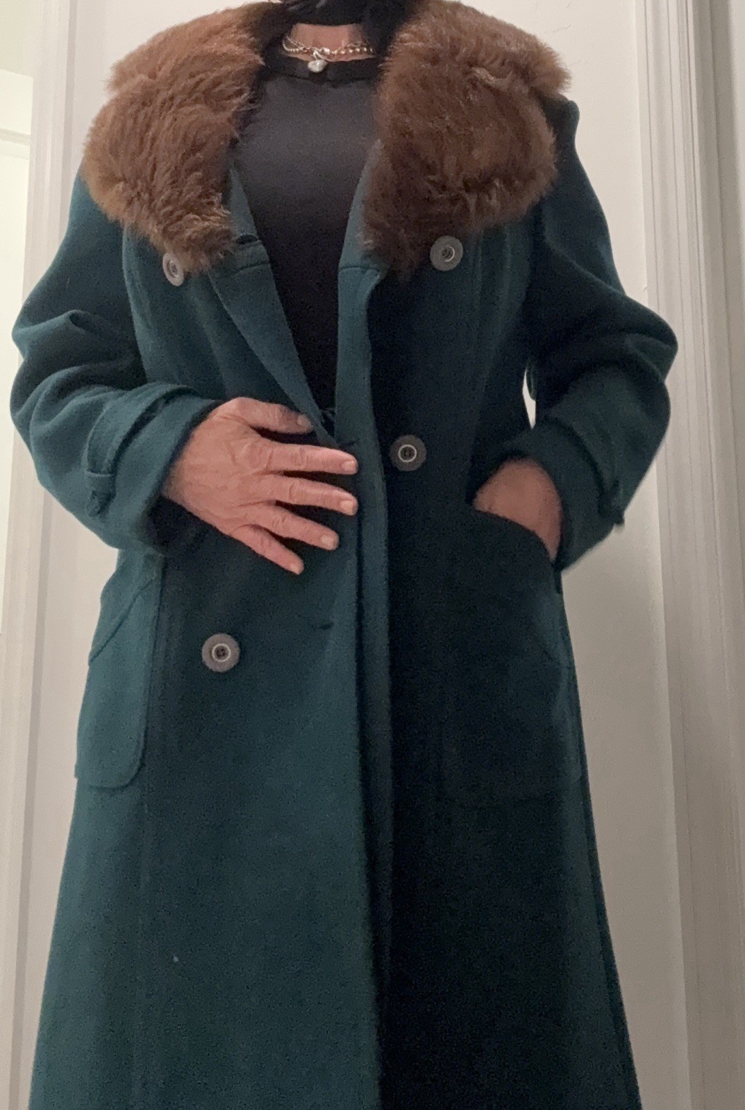 Vtg Euro-Chic Teal Green Wool Coat 70s Fur Collar Curved Topstitch Pocket M