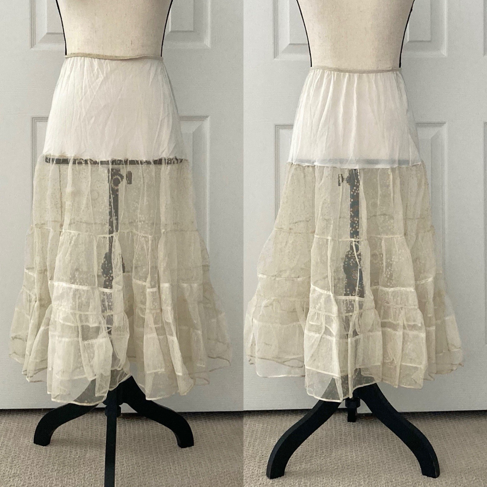 Vtg Crinoline Petticoat Skirt Slip Ivory Print Tulle Elastic 1950s Small AS IS