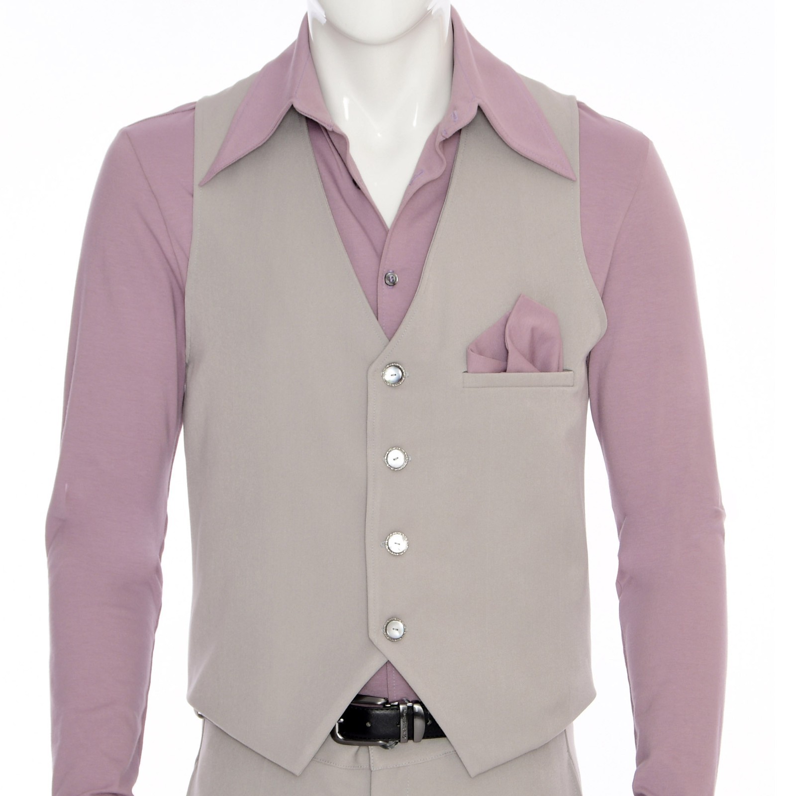 Men’s Light Gray 70s Vest Retro Disco Waistcoat Stretch Gabardine