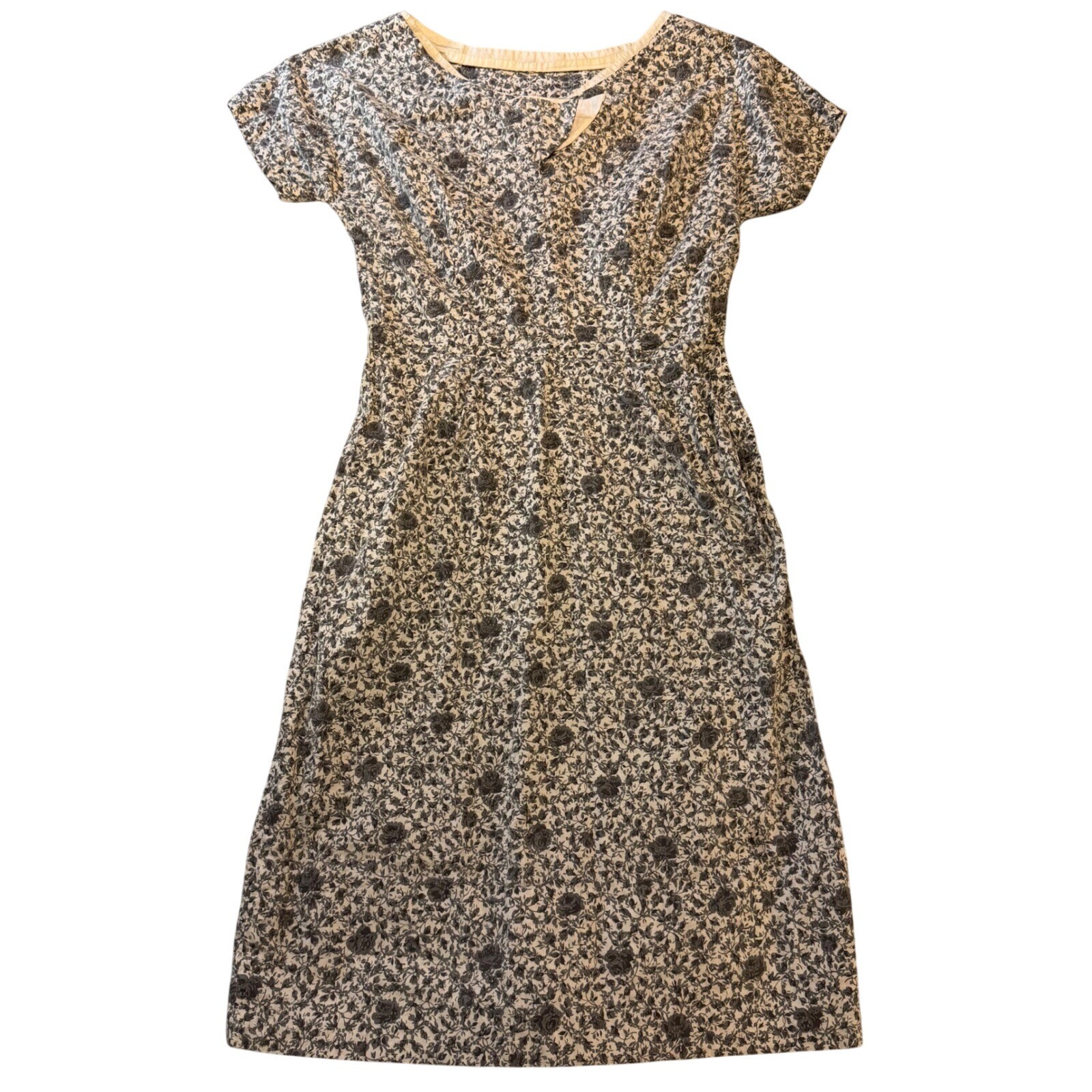 Vintage Floral Toile Midi Dress Black White V-Neck Side Zip Short Sleeve 1950s