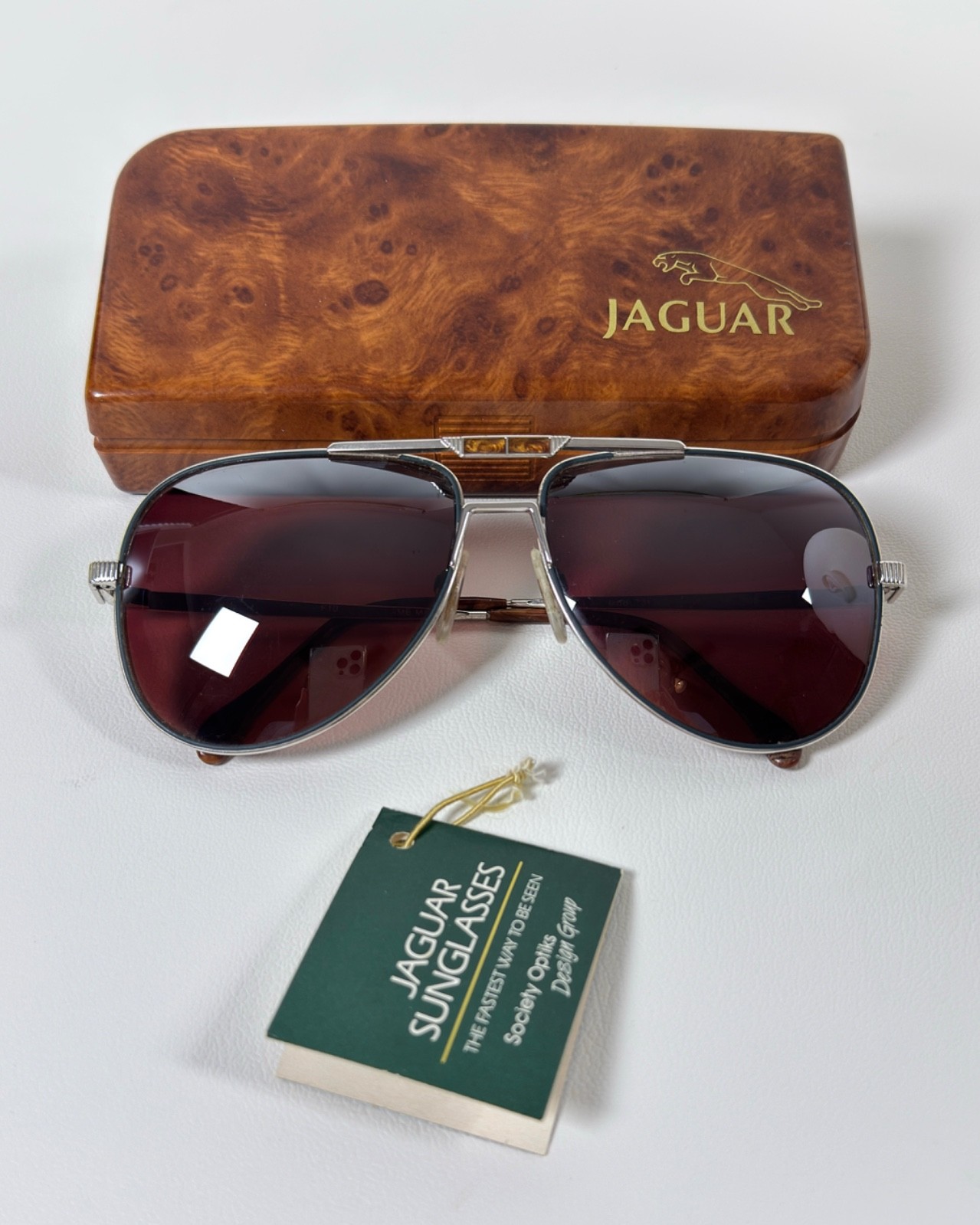 Vintage JAGUAR 731 Sunglasses 1980s Silver Aviator Germany W/ Case & Tags