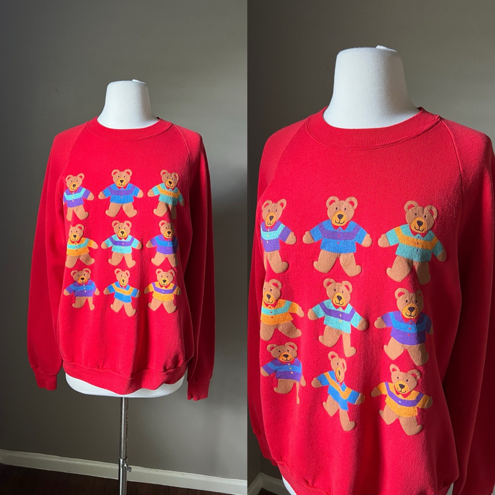 Vintage 90s Jerzees Russel Sweater XL Womens Teddy Bear Graphic Cottage Grandma