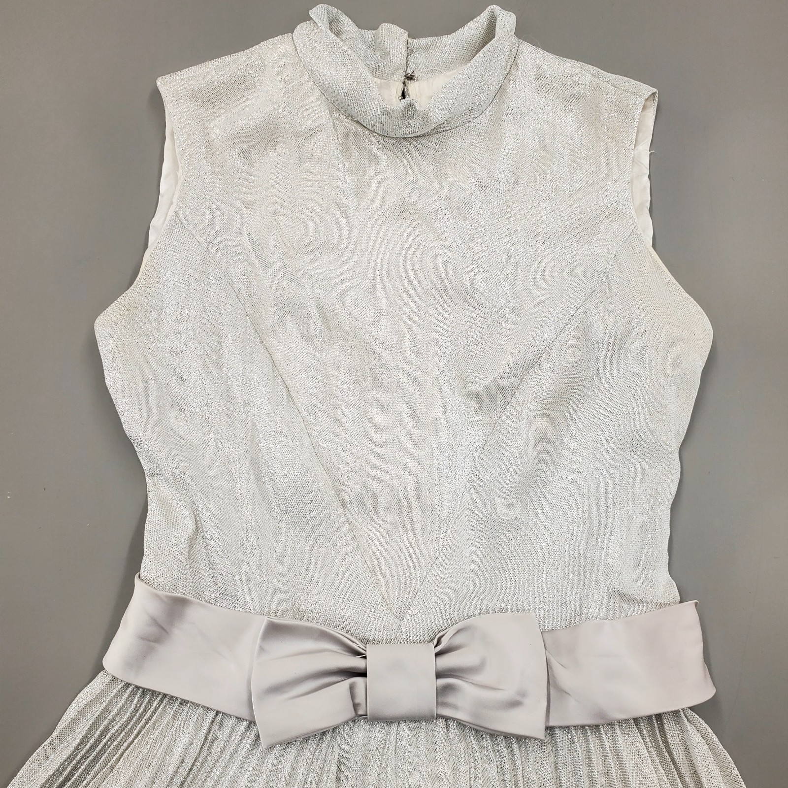 60s Vintage Party Dress Pleated Bow GO GO Mod Silver Lurex Sparkle Mini Retro