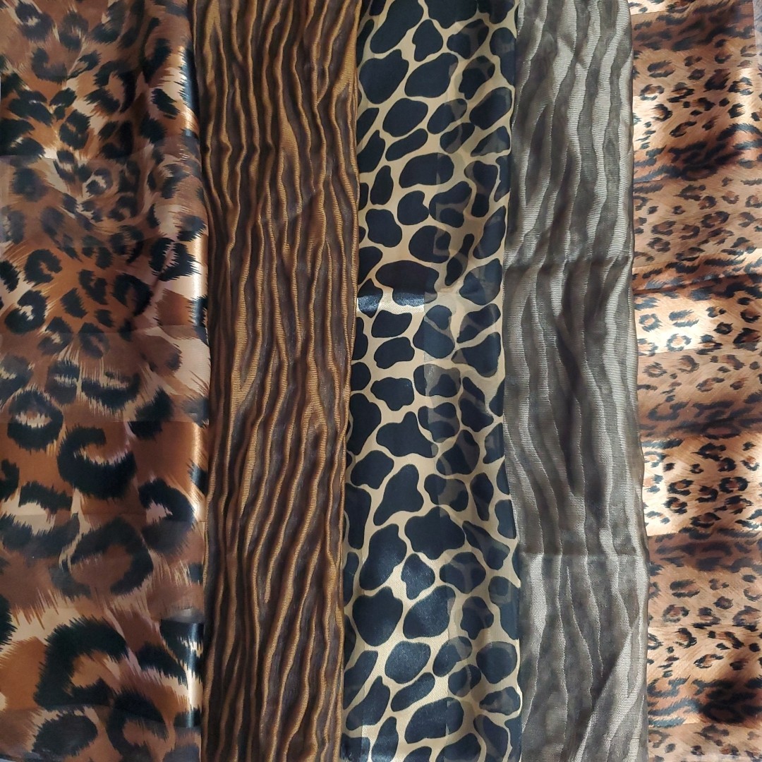 Scarf Lot Of 5 LEOPARD TIGER CAT Black Brown Mix Variety Silky Chiffon Vintage