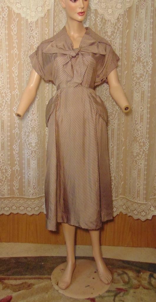 VTG 50s Heim Actualite (Jacques Heim) France Brown Silk Polka Dot Dress 29W