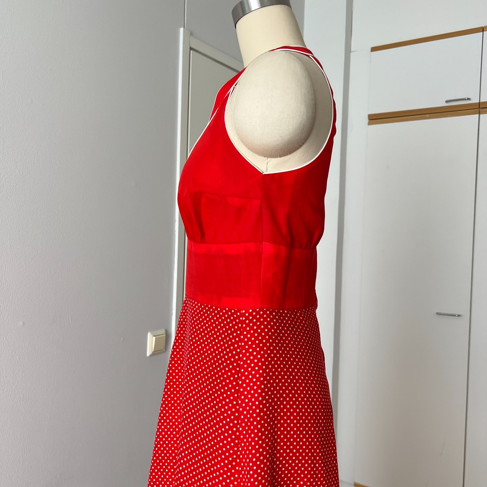 1970s YVETTE Red Polka Dot Maxi Dress V Neck Aline French Vintage Romantic Retro
