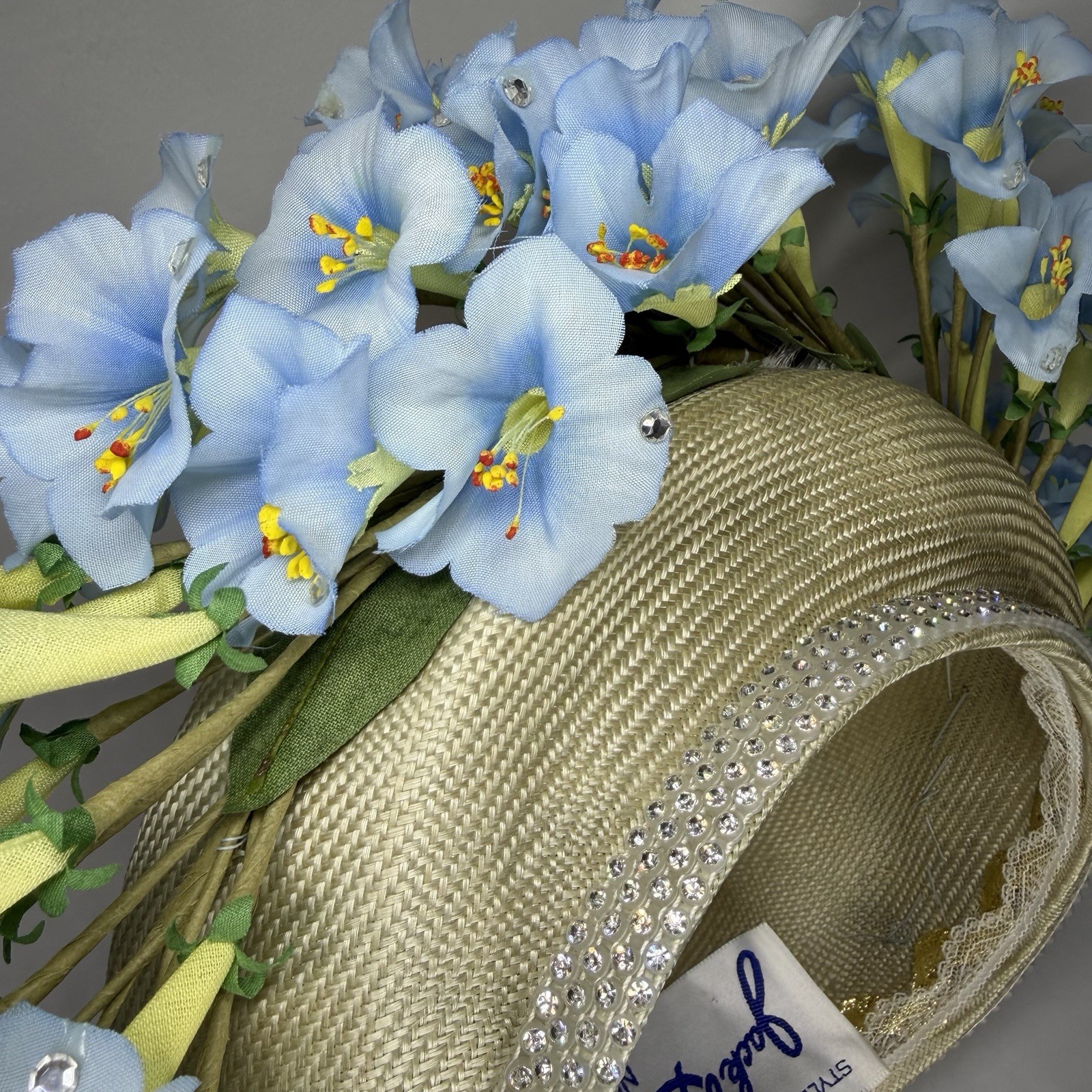 Jack McConnell Red Feather Hat Vintage Blue Flowers Rhinestones Church Derby EUC