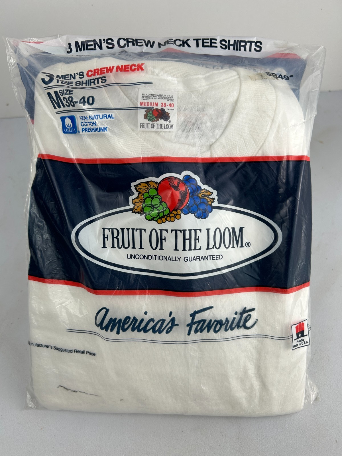 Vintage NOS 1989 (3) Fruit of the Loom Crew Neck Tee Shirt Medium 38-40 USA Made