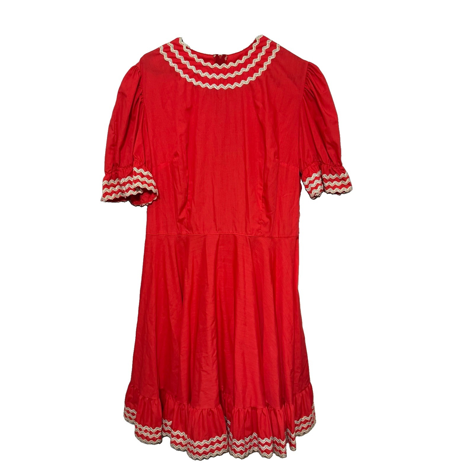 Vintage 1970s Kate Schorer Originals – Red Dress with Floral Ricrack Trim