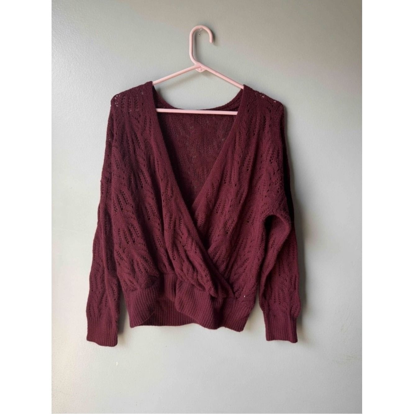 Women’s Burgundy Wrap Sweater Knit Surplice Crochet Boho Cottagecore Large