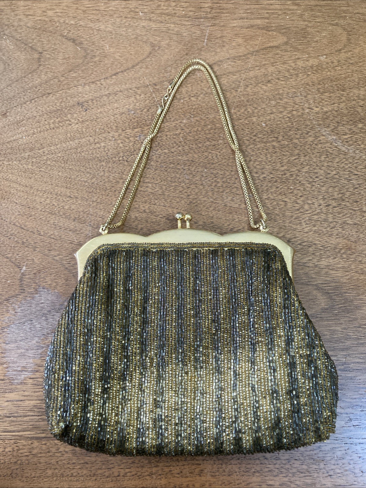 Vintage 60s Magid Beaded Evening Bag Metallic Gold Bronze Hong Kong Mid Century